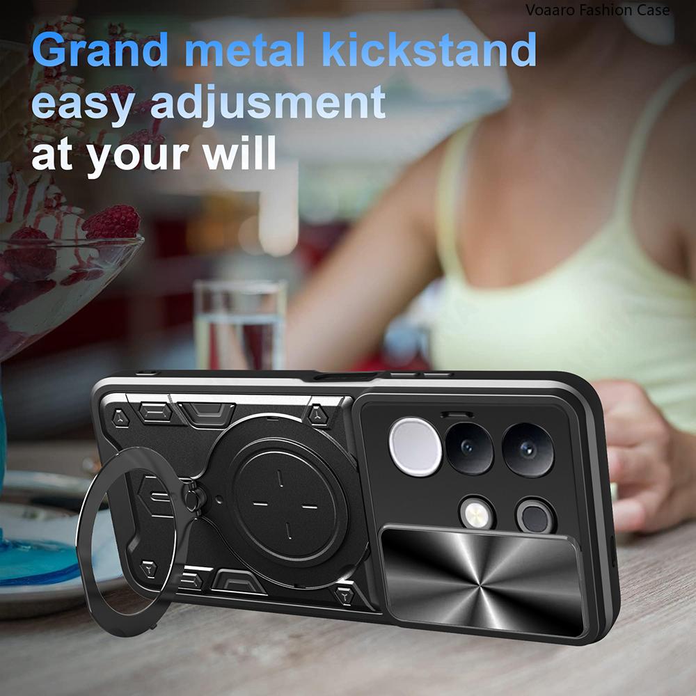 Slide Lens Push Window Armor Funda for Vivo Y29 4G Global Case for Vivo Y29 4G Global Case Magnetic Ring Stand Holder Cover