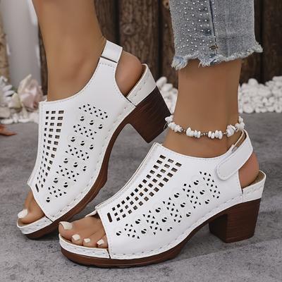 Summer Women's Fashion High Heels, Solid Color Large Size Open Toe Sandals, Adjustable Back Strap Shoes with Hollow Carving Design