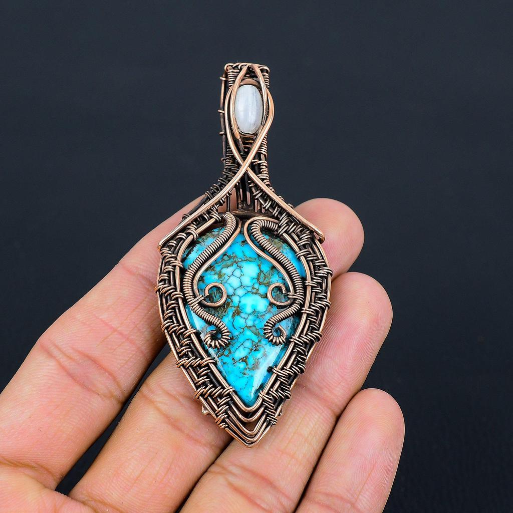 Blue Turquoise, Moonstone Gemstone Pure Copper Wire Wrapped Designer Handmade Pendant Jewelry Gift For Her