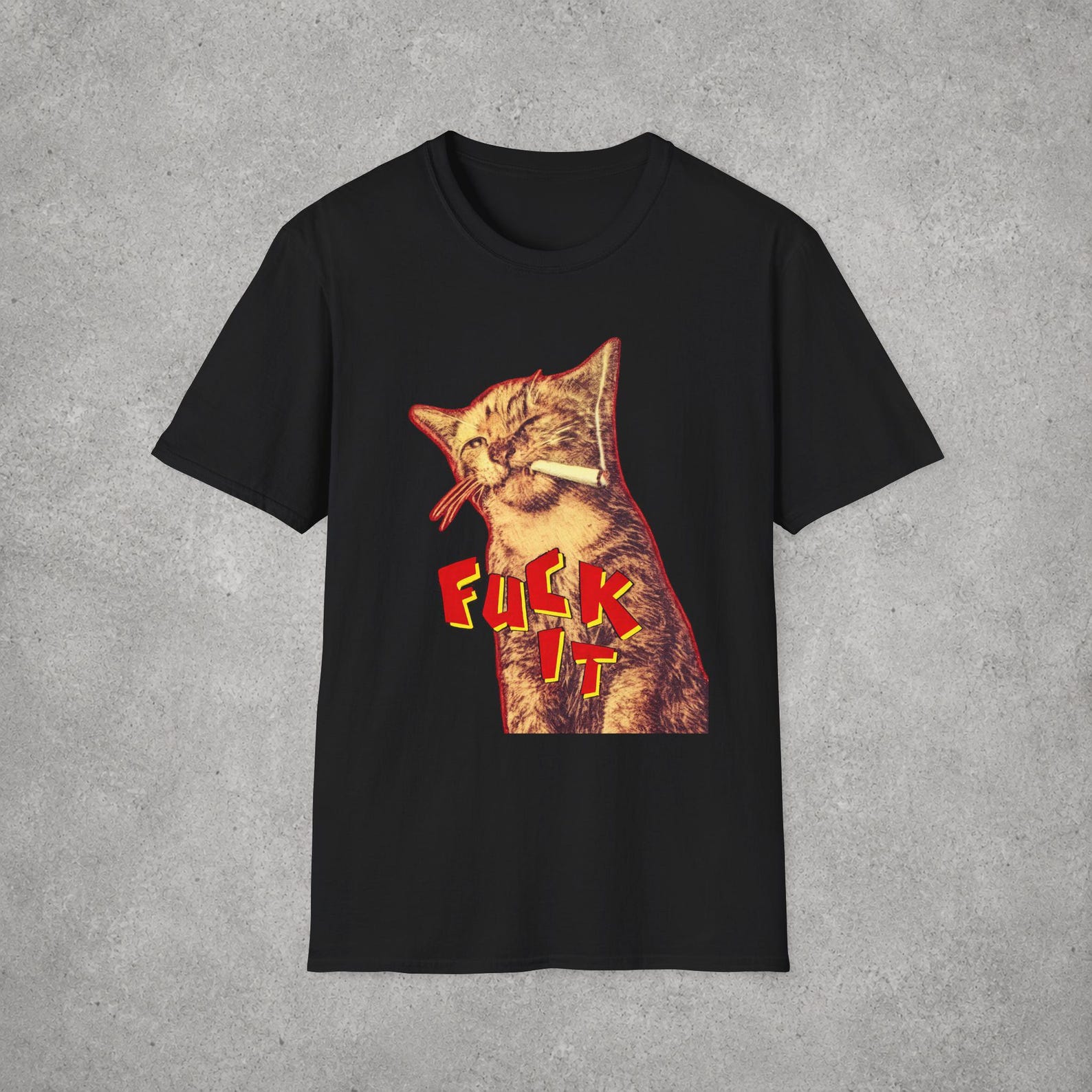 Smirking Cat Smoking Cigar T-Shirt | Retro Graphic, Fuck It Text M