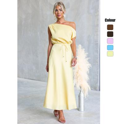 Banquete de Verão Europeu e Americano Ombro Diagonal Descobrir os Ombros Sexy Cor Sólida Cadarço Vestido de Temperamento 71