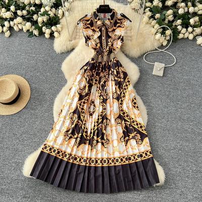 Sommer Frankrike Elegant Vintage Designer Dame Trykk Knapper Brettet Smal Lang Kveldsfestkjole Dame Kasual Chic Ferieklær Ny