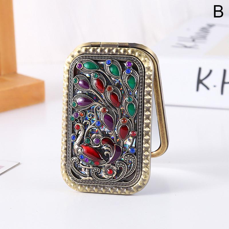 Foldable Retro Handheld Makeup Mirror Peacock Printed Compact Pocket Mirror Double Sided Rectangular Makeup Dressing Mirror
