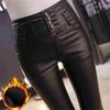 Fall/winter Female Warm Pants PU Leather Velvet Trousers Elastic High Waist Pencil Tight Pants