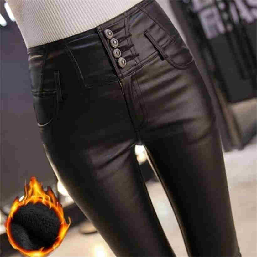 Fall/winter Female Warm Pants PU Leather Velvet Trousers Elastic High Waist Pencil Tight Pants