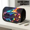 1pc Double Layer Flip Pencil Case, Rainbow Car Cosmic Flames, Large Capacity, Portable Polyester Pen Storage Bag with Zipper Closure, Ideal for School