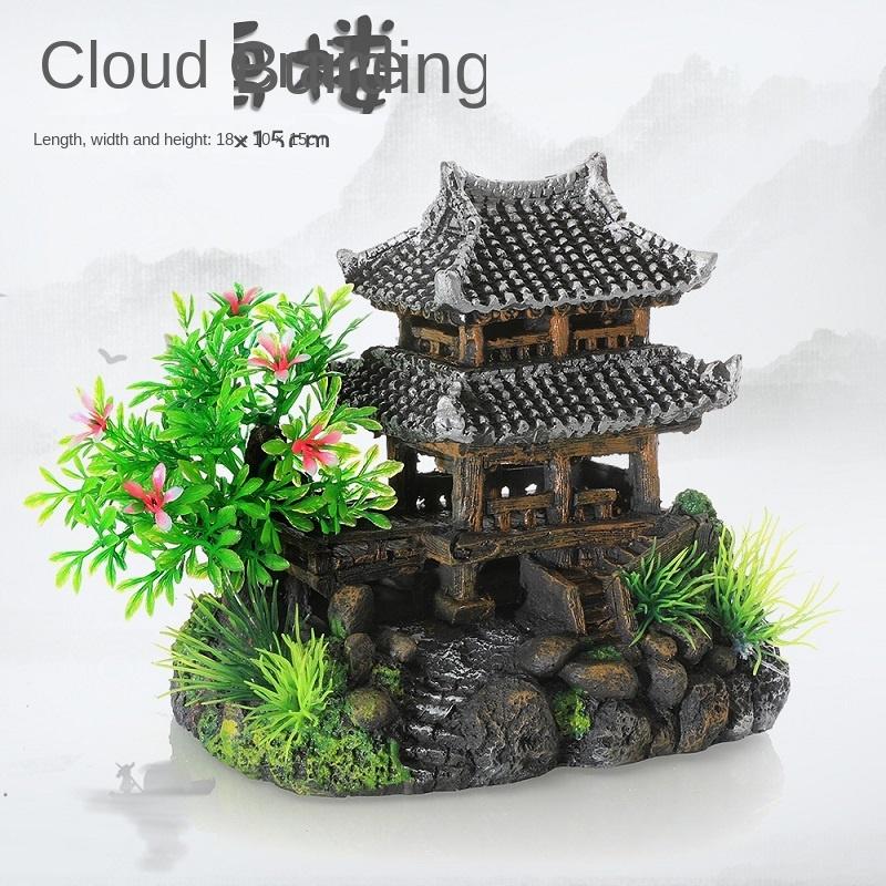 Fish tank landscaping resin desktop ornament rockery aquarium decorative stone house small bridge aquatic grass new Chineseretro