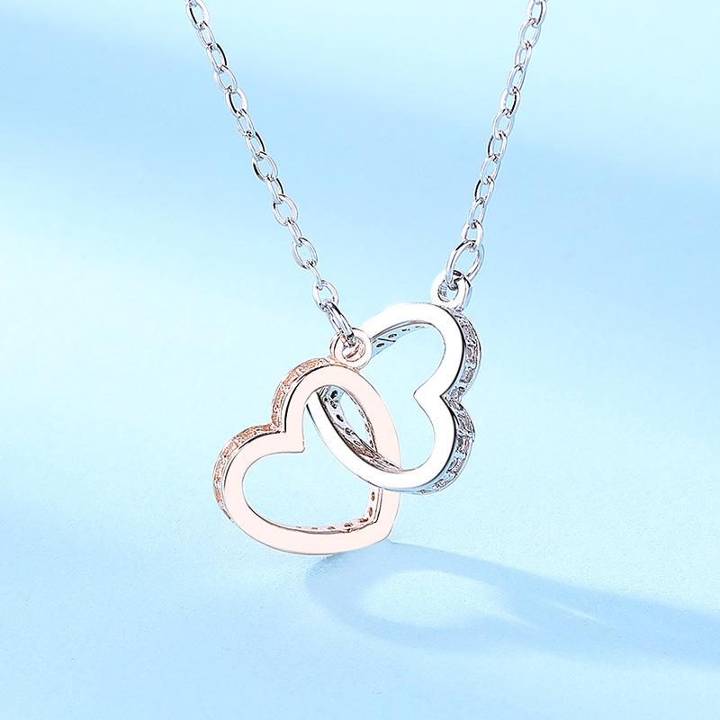 S925 Silver Doppel Herz Color Separation Necklace Light Luxury Minority Rose Gold Heart Buckle Sterling Silver Necklace