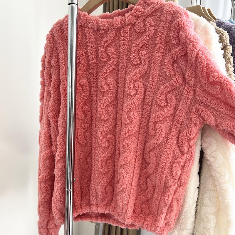 Damen Kuscheliger Korallenfleece Pyjama: Dicker warmer Samt, Unifarben, Rundhalsausschnitt, Große Größen für Herbst und Winter.