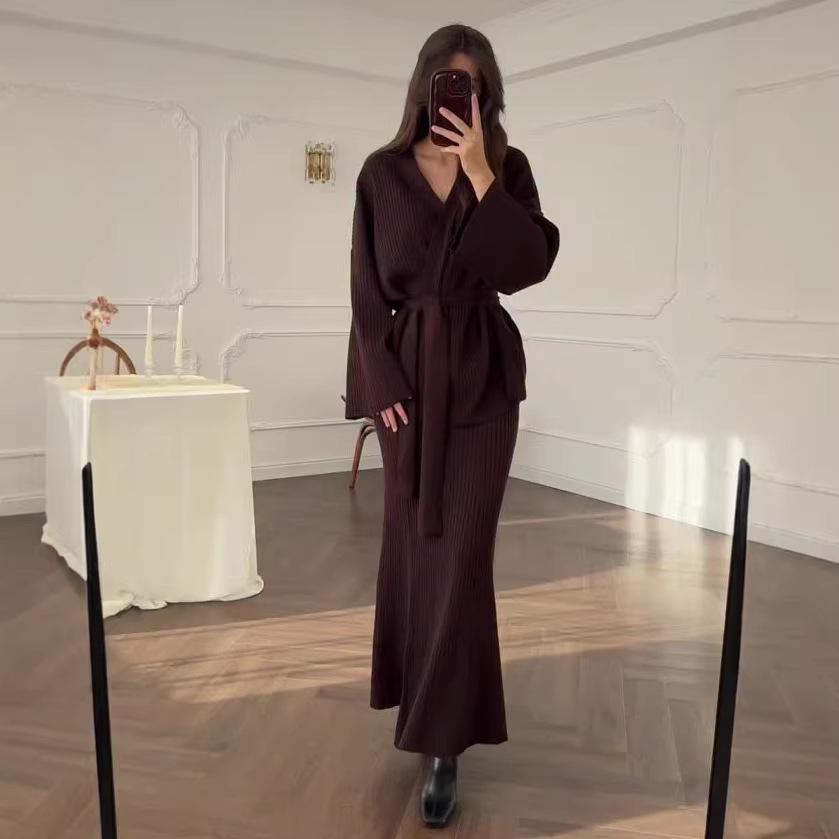 Elegant Knit Lace-up Sweater & Long Skirt Set - 2026 Autumn Collection for Women