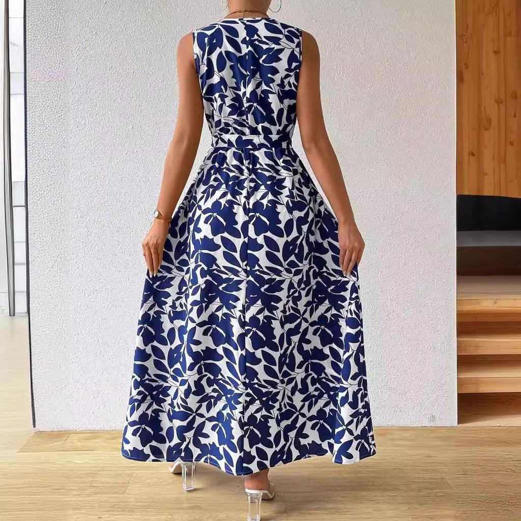 Elegant Women French Vacation Style Print V Neck Tie Maxi Dress Mature Style French Retro Patchwork Slim Sexy Elegant Women Maxi Dress