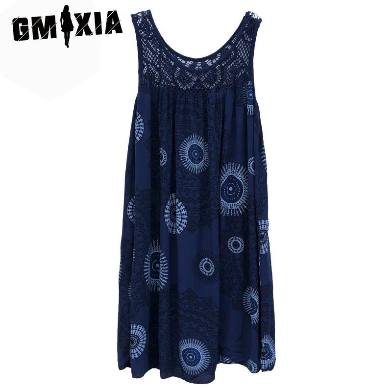 GMXIA Women's Fashion Summer Spring Solid Color Print Sleeveless O-Neck High Waist Casual Dresses