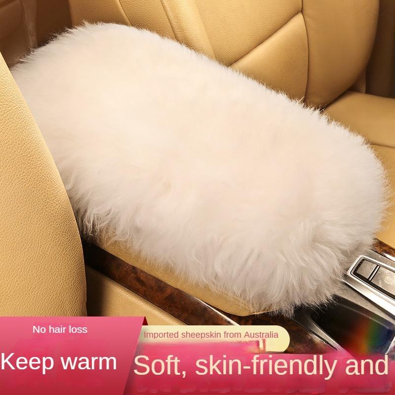 Pure Wool Car Armrest Box Cushion Winter Plush Armrest Cover Sheepskin Center Handrest Support Padding For Women Interior Pink