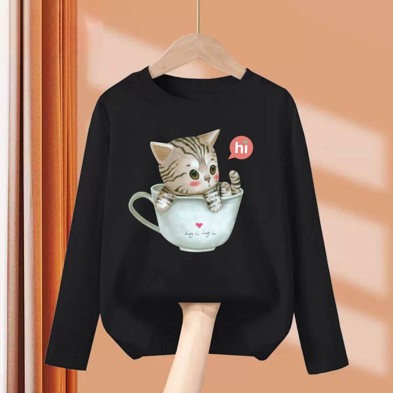 Kid Long Sleeves T-Shirt Fashionable Creativity Cartoon Kitty Cute Cat Print Autumn Casual Sports Versatile Comfortable Loose T-Shirt