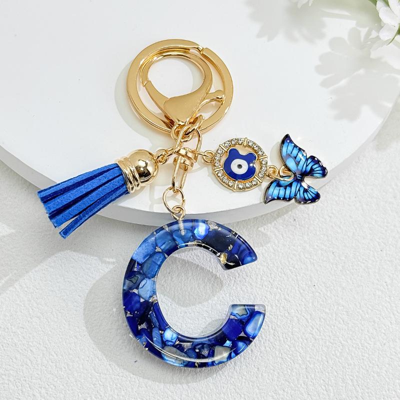 Fashion Blue Glazed Stone A To Z Letter Keychain 26 Initials Alphabet Butterfly Tassel Pendant Car Keyring Women Jewelry Gifts