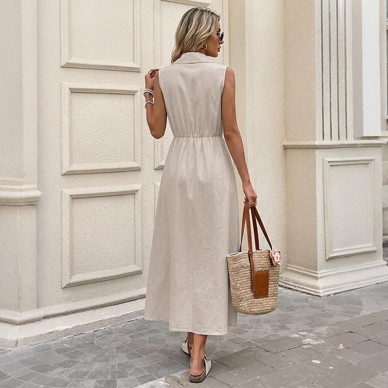 Summer New Style Business Casual Blouse Dress - Solid Color, Round Neck, Sleeveless, Full-length Dress