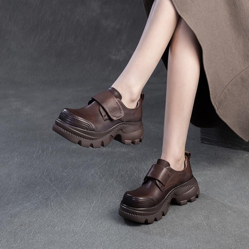 Johnature Chaussures Rétro à Bout Rond et Semelles Épaisses en Cuir Véritable Décontractées à Crochets et Boucles Chaussures à Plateforme pour Femmes