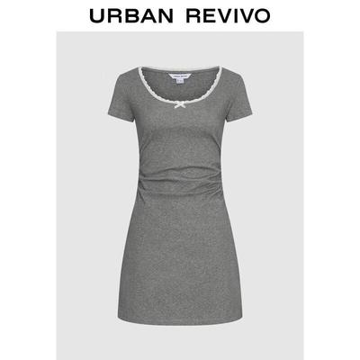 UR 2026 Spring Casual Color-Block Lace Trim Round Neck Dress