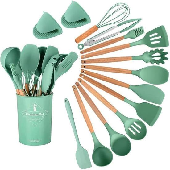 15-Piece Silicone Wooden Handle Kitchen Utensils Set, Cooking Tools with Holder, Kitchen Gadgets for Non-Stick Cookware Green 15-piece set