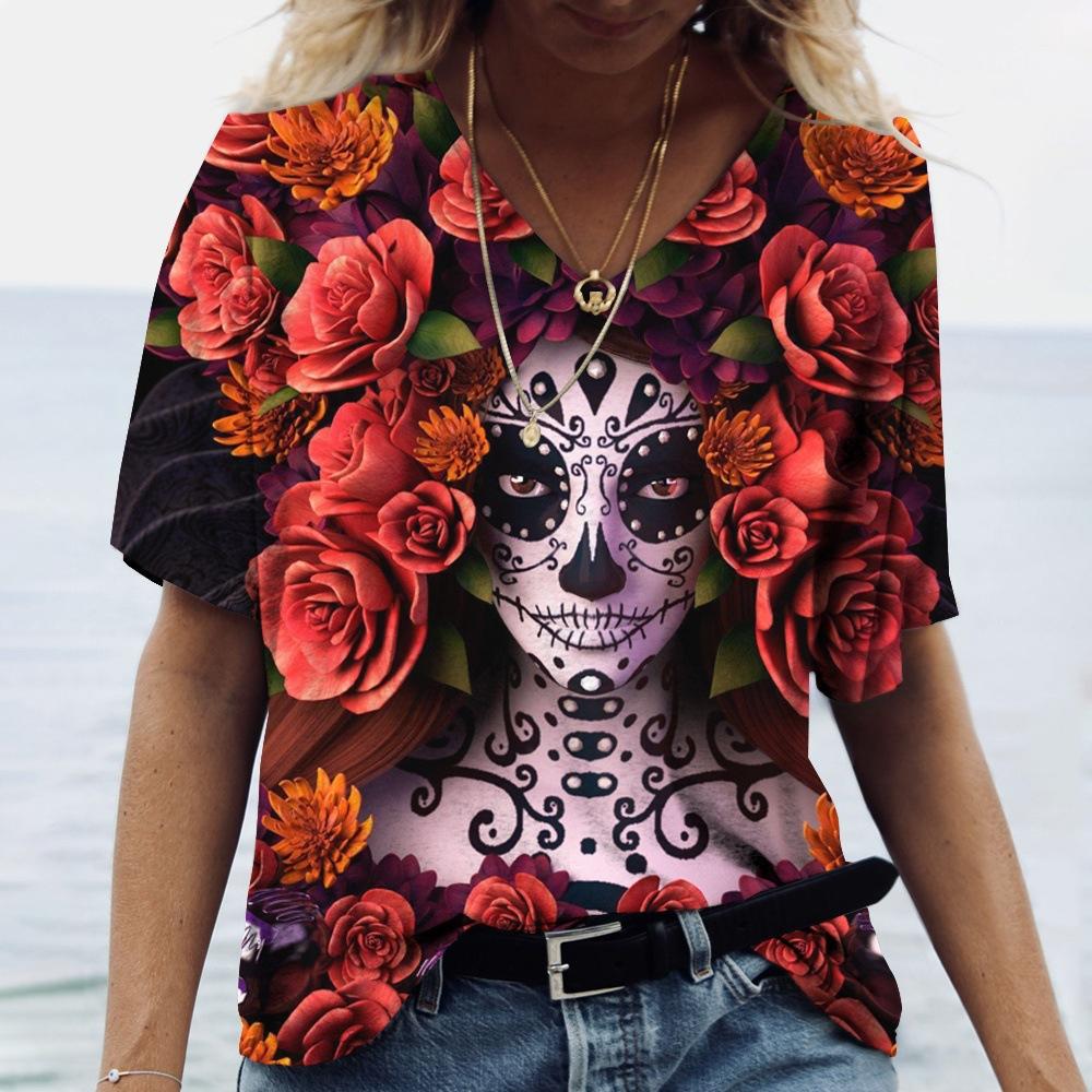 Summer Cartoon Cat Short Sleeved Women's T-shirt V-neck Animal Print T-shirt Loose Comfortable Plus Size T-shirt