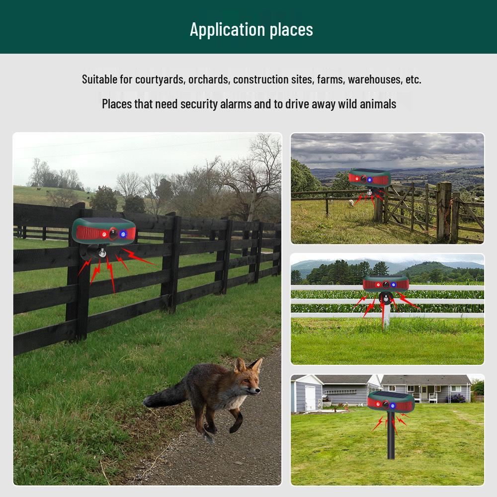 Solar Ultrasonic Animal Repellent: Infrared Sound & Light Alarm to Deter Wild Boars & Weasels