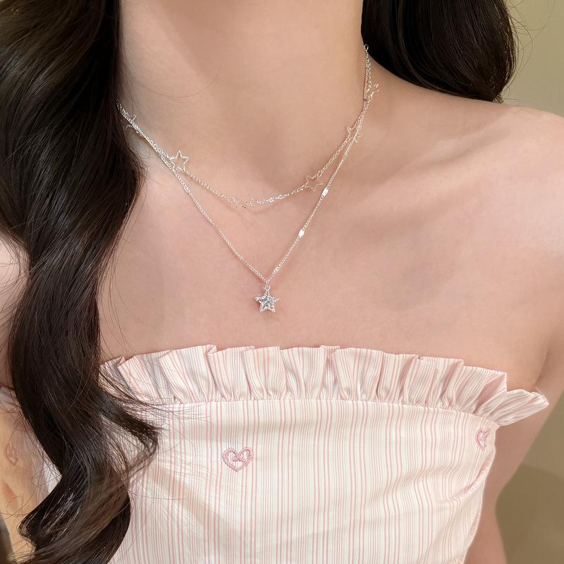2026 Exquisite Double-Layer Star Necklace: Shining Zirconia Stackable Clavicle Chain for Women
