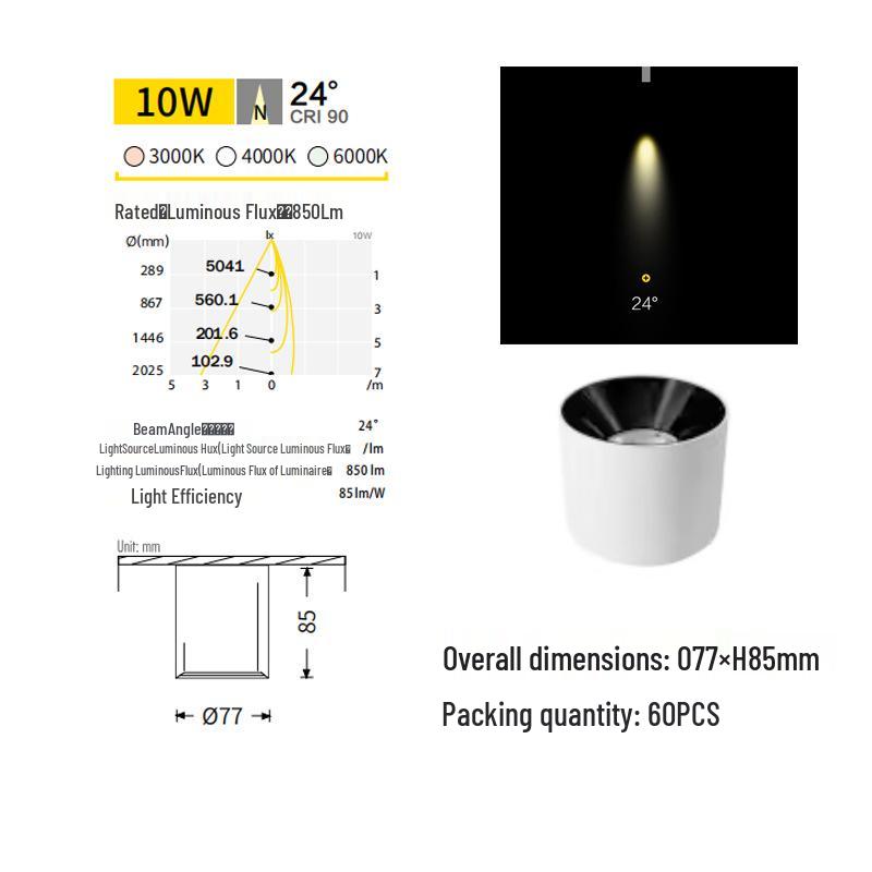 

Jia Mei LED Surface-Mounted Anti-Glare Ceiling Downlight for Living Rooms and Corridors Glossy Black Cup (Die-cast Aluminum)