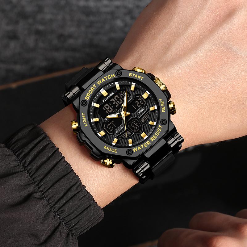 FOXBOX Fashion Luxury Electronic Watch Silicone Casual Sport Waterproof Luminous Multifunctional Quartz Digital Watches for Mens