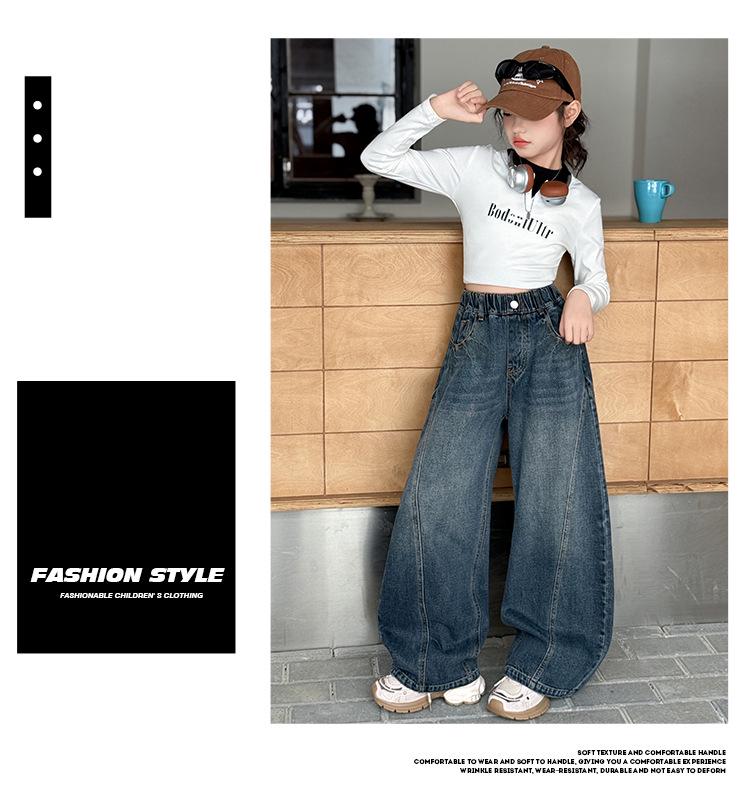 Girls' Trendy Spring/Autumn Wide-Leg Jeans: 2025 Fashionable Scimitar Workwear Pants