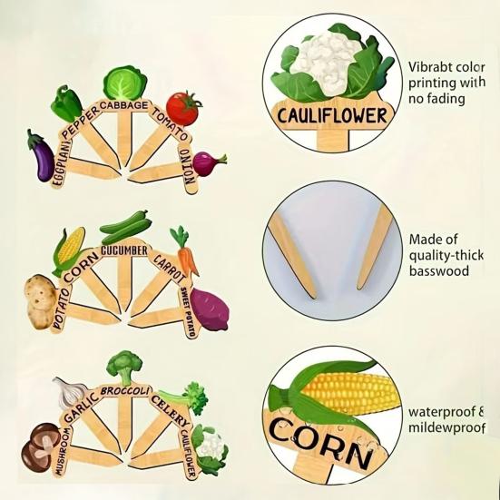 15 Pcs Wooden Plant Labels Vegetable Names And Patterns Markers T Type Plant Labels for Seedlings Potted Plants Identification