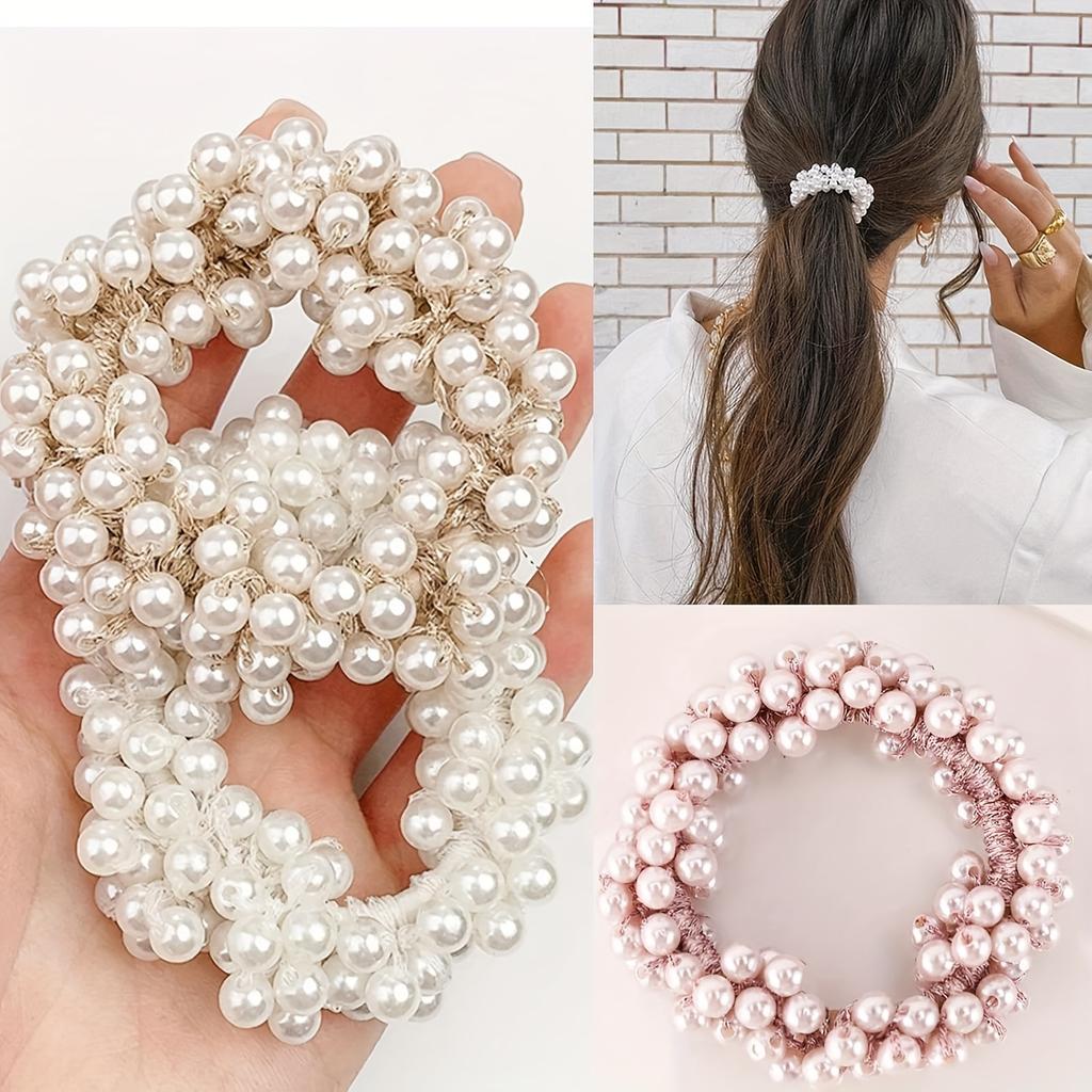 3 Stück Kunstperlen Haargummis • Elastische Scrunchies Dehnbare Bänder • Perlenketten Haaraccessoires für Damen • Pferdeschwanz Dickes Haar • Weiß&Gold&Rosa