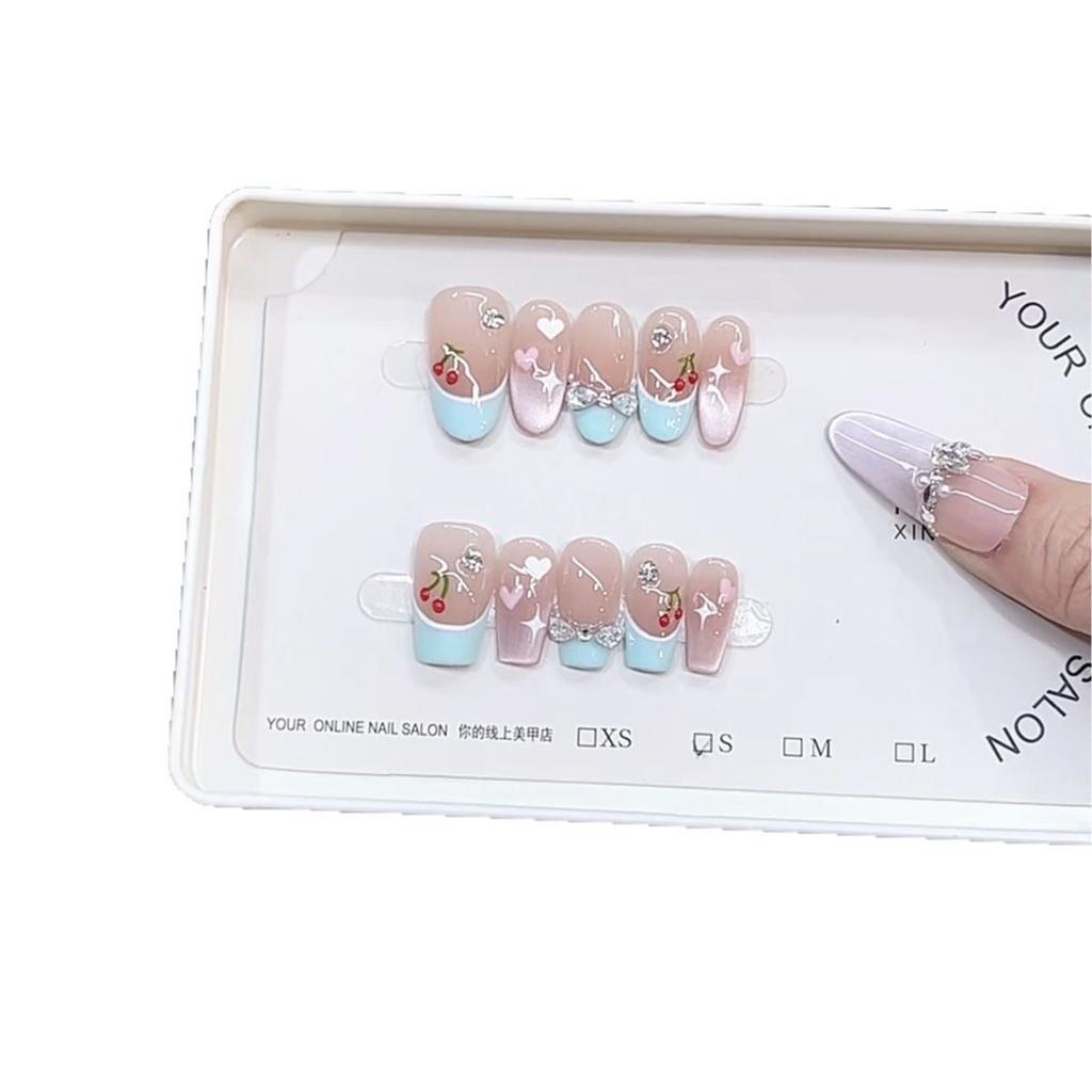 Hand-woven Armor, Cherry Jam, Cat Eye French Hand-painted Sweet Girl Whitening Nail Patch