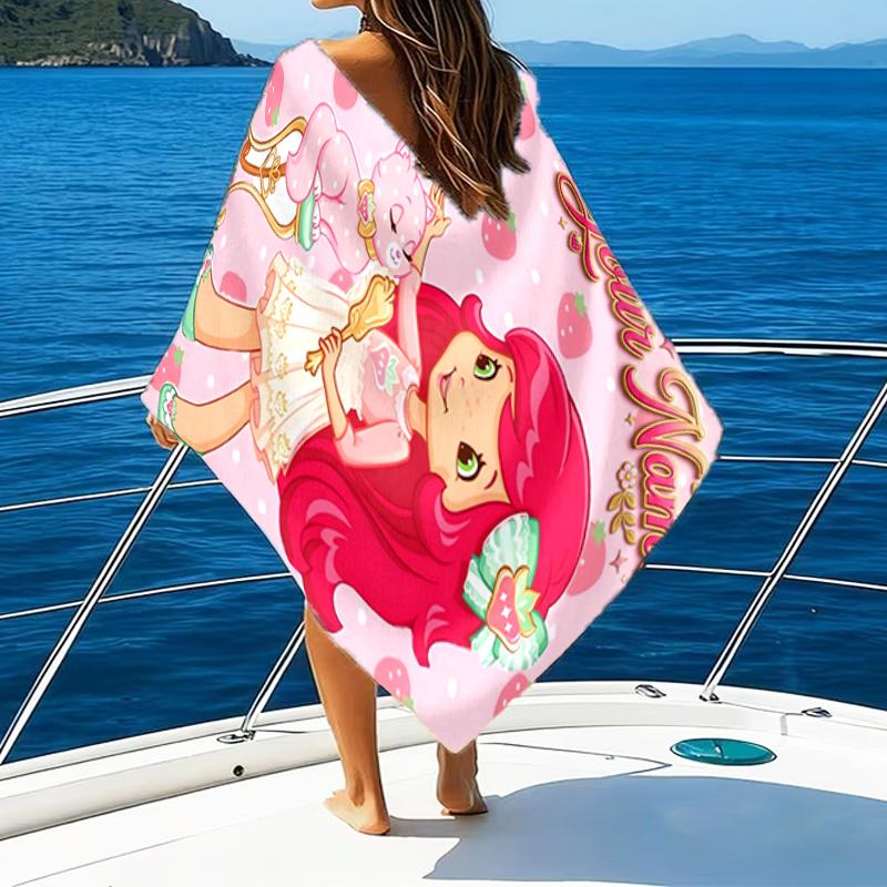 1pc Princess Strawberry Beach Towel with Custom Name, Beach and Seaside Swimming Pool Equipment, Fashion Pattern, Rectangular, Travel Essential