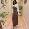 African temperament fashion PU leather splicing women's long-sleeved shirt high waist and thin half-body hip skirt European and American two-piece set