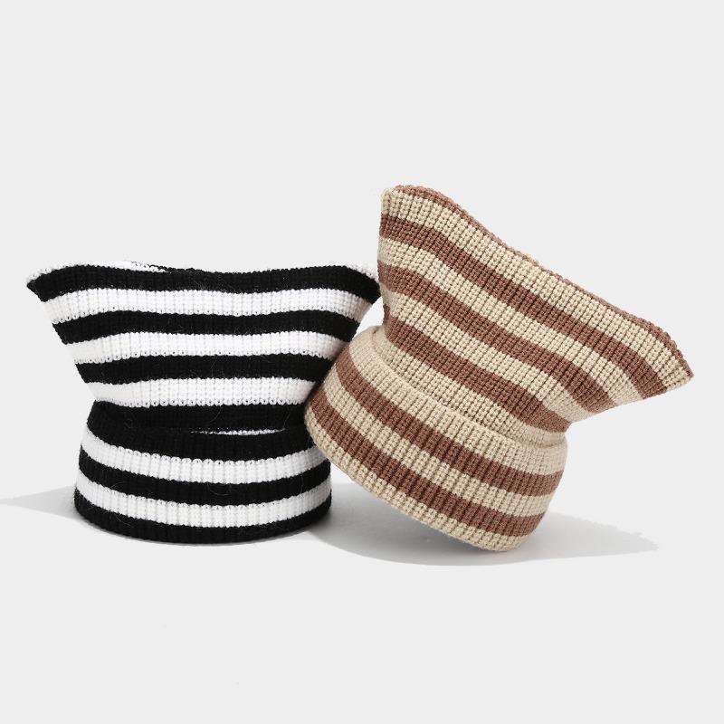 Black and White Striped Cat Ear Hat Thermal Pullover Hat Knitted Hat Fashionable Versatile Cold Hat