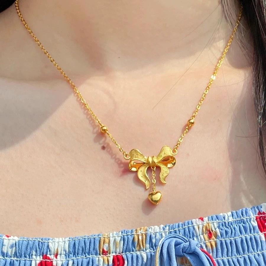 Gold-Plated Princess Necklace and Earrings Set: Bowknot Heart Tassel Pendant with Collarbone Chain.