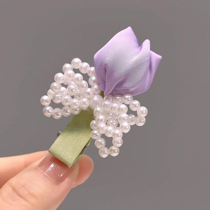 New Korean Sweet Pink Tulip Flower Clip Women Bow Duckbill High-end Fabric Elegant Girl's Headwear Hair Accessories