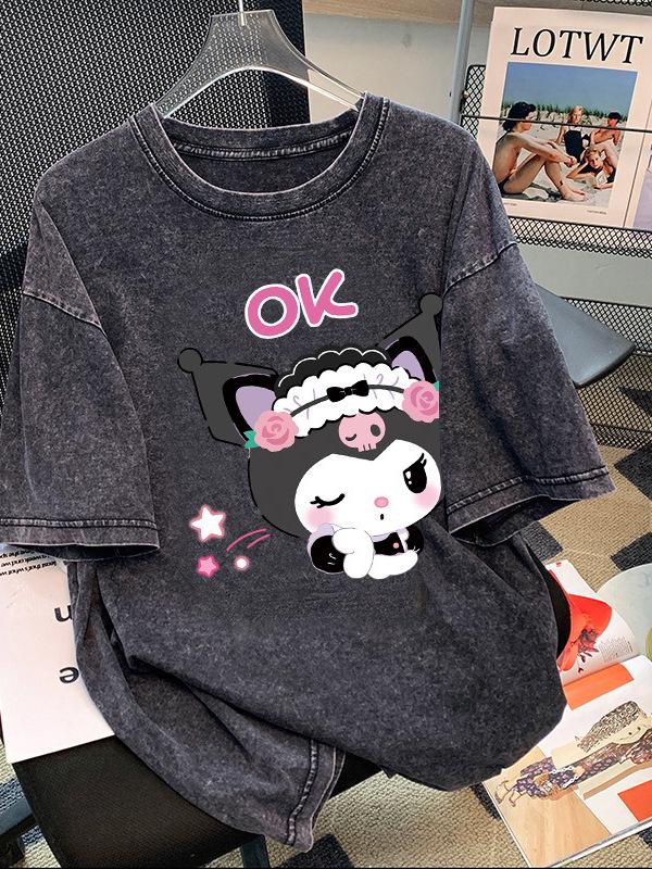 Women's Retro Washed Black Cotton T-Shirt - Distressed Letter Print, Short Sleeve, Loose Fit, Casual Summer Top