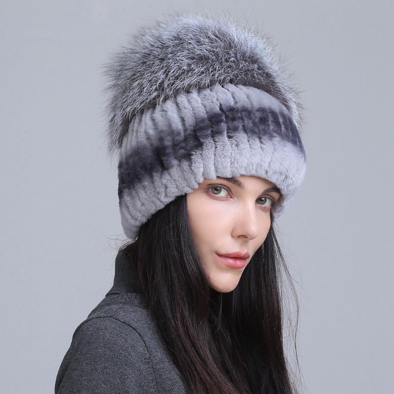 New fur hat Rex rabbit hat thickened versatile fox hair mushroom hat women's winter warm hat