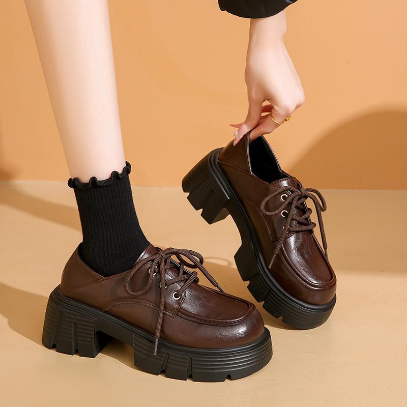 Fashion Spring New Thick Heel Shoes Women's Fashion Round Head Deep Mouth Front Lacing Platform Non-slip High Heels