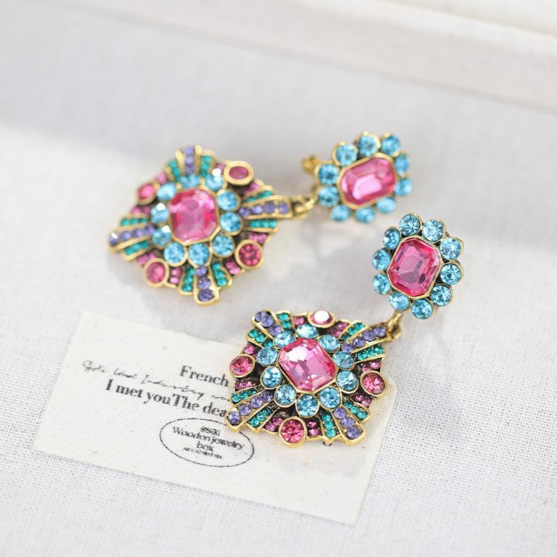 Colorful Geometric Zircon Long Earrings For Women, Sand Plated Vintage High-End Jewelry Gift
