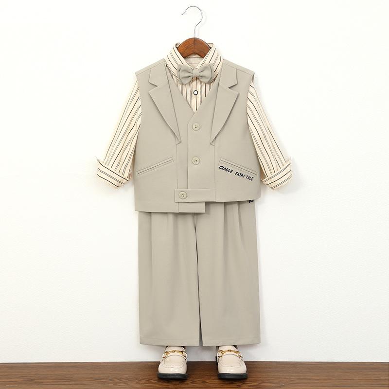 Completo Formale a Righe per Ragazzi Camicia Gilet Pantaloni Outfit da Gentiluomo per Bambini Matrimonio Festa di Compleanno Sfilata Diploma Abito Completo