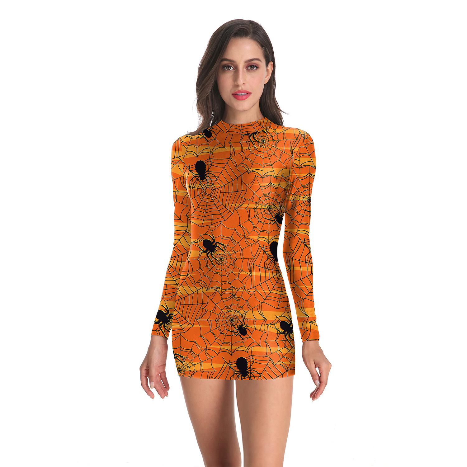 

Hot-selling Halloween costumes, digitally printed spider slim-fitting long-sleeved dress for women S