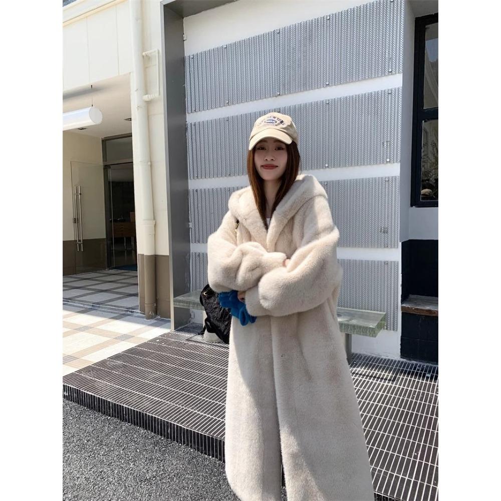 New High-end Imitation Velvet Mink Fur Coat Fur Coat Women's Long Hooded Environmentally Friendly Fur Coat