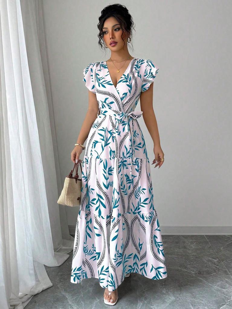 Women's White V-Neck Wrap Maxi Dress with Red Leaf Print and Ruffle Hem