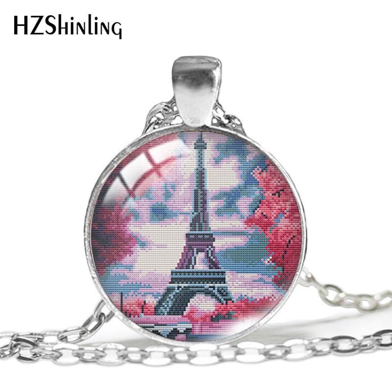 Stylish Silver Chain Necklace With Unique Eiffel Tower And Seaside Palm Tree Pendant