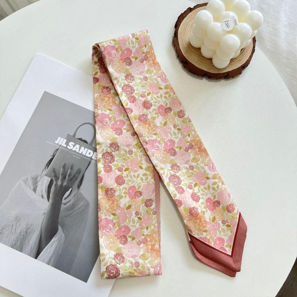 Long Thin Satin Silk Ribbon Scarf Fresh Floral Bag Strap Trendy Hair Tie  for Women