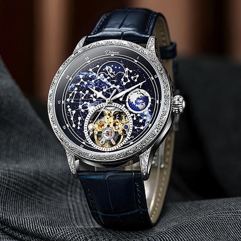 Men's Mechanical Automatic Business Wristwatch Tourbillon Hollow Fashion New Sport Waterproof Luminous Moon Phase Clock