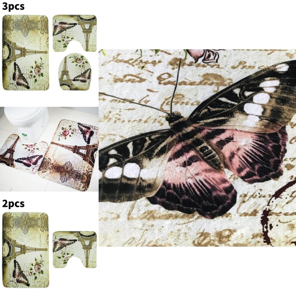 Butterfly Pattern Bathroom Carpet Three Piece Set Polyester Anti Slip Water Absorbent Mat