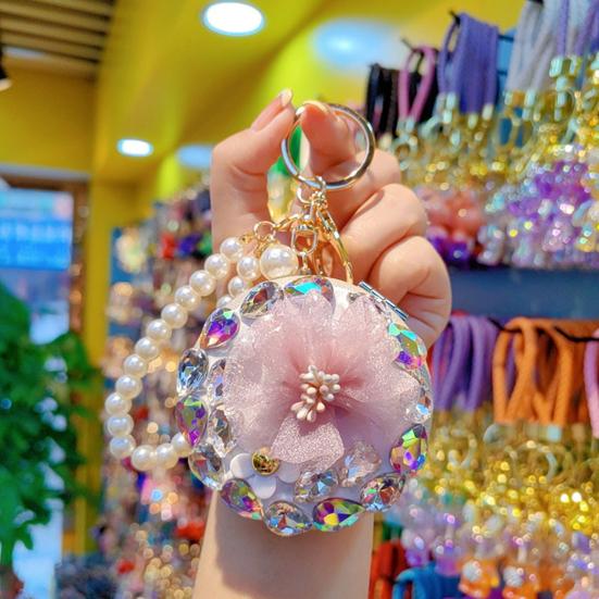 Women Folding Mirror Keychain Portable Make-up Mirror Pendant Rhinestones Faux Pearl Double-Sided Mirror